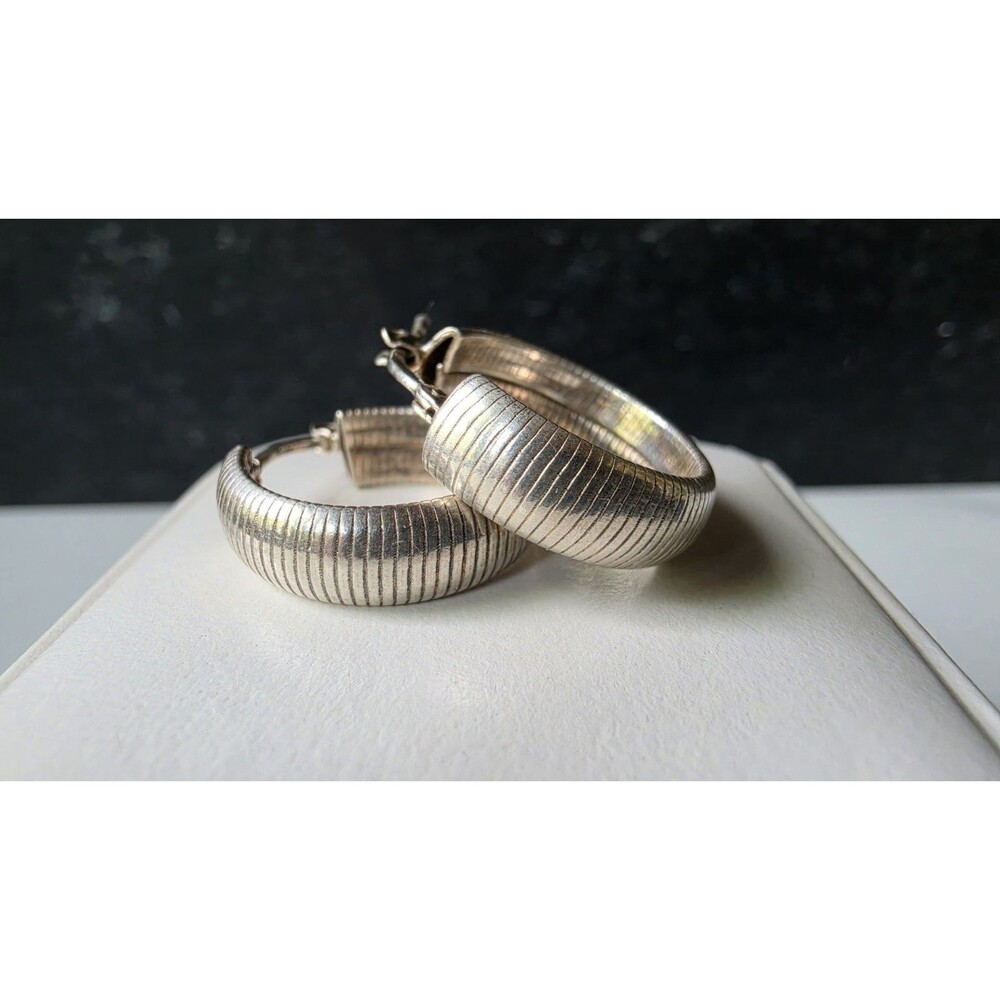 Italian 925 Sterling Silver Textured Hoop Pierced Earrings Vintage